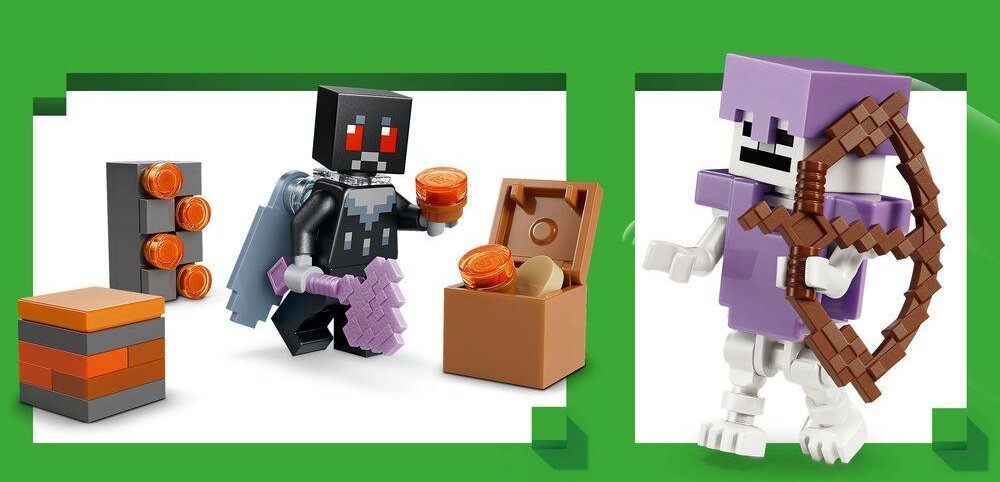 LEGO 21586 Minecraft Blady Ogród  Minifigurka człowieka-ćmy zaklęty topór  minifigurka szkieletu diamentowa zbroję i łuk