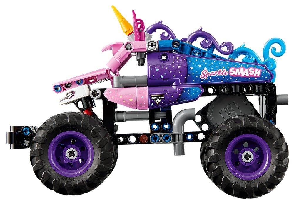 LEGO 42220 Technic Monster Jam Sparkle Smash z napędem typu pull-back  monster truck z motywem jednorożca błyszczące gwiazdki i charakterystyczny róg jednorożca