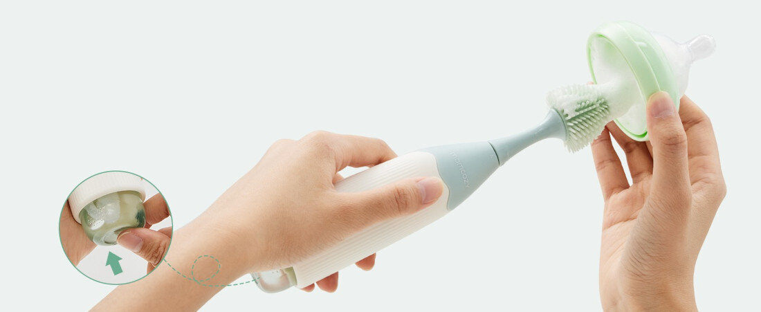 Zestaw szczotek do czyszczenia butelek MOMCOZY Zielony System Push-Press strukturze press-to-foam łatwe i szybkie uzyskanie gęstej piany higiena