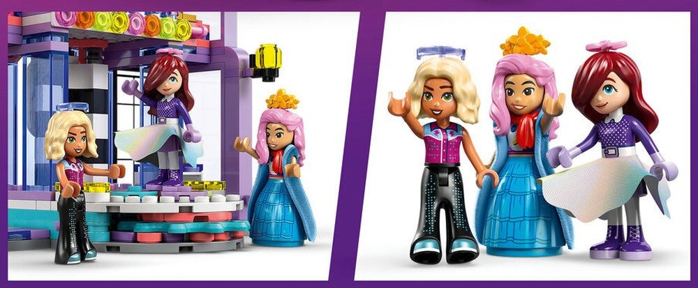 LEGO 42685 Friends Pokaz mody w mieście Heartlake trzy minilaleczki obrotowa platforma spódnica, płaszcz, czapki, dżinsy, okulary przeciwsłoneczne i torebka