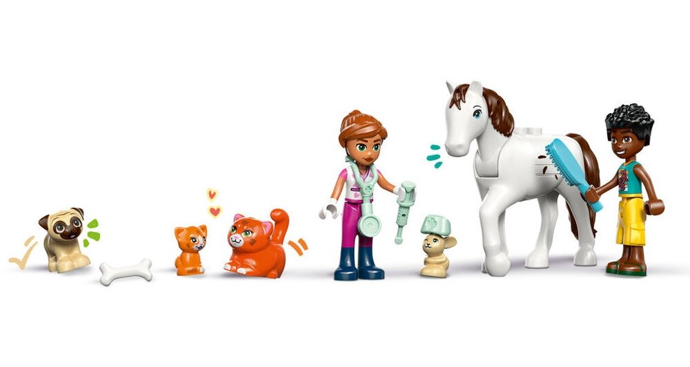 LEGO 42696 Friends Lecznica dla zwierząt minilaleczki Zac i Valerii figurki konia, psa, królika i dwóch kotów 