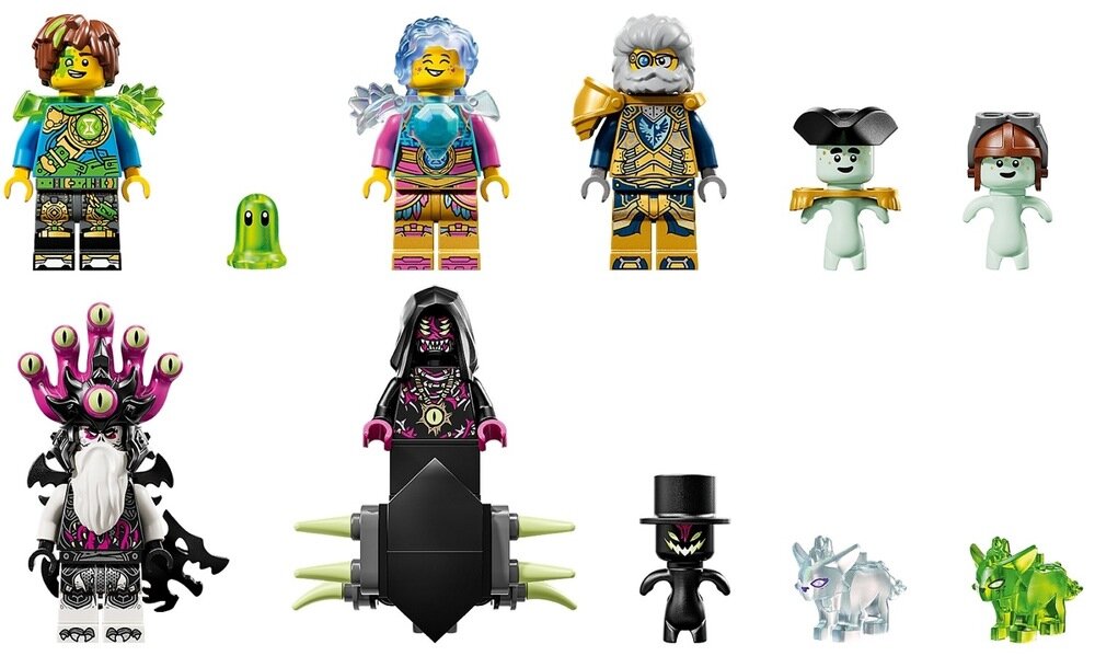 LEGO 71515 DREAMZzz Rekinoczołg tygrysi Minifigurki Mateo, Izzie, pana Oza, Koszmarnego Imperatora i Ariki Zielony i Biały Skarbeniek, Z-Blob, koszmarnik, dwie figurki Snoludków i trzy pająki  