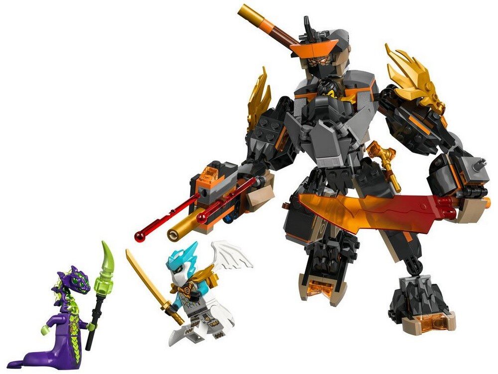  LEGO 71854 NINJAGO Mech specjalny Cole’a i Zane w smoczej zbroi  trzy bronie: miecz, kostur i sprężynowy miotacz z dwiema strzałkami 