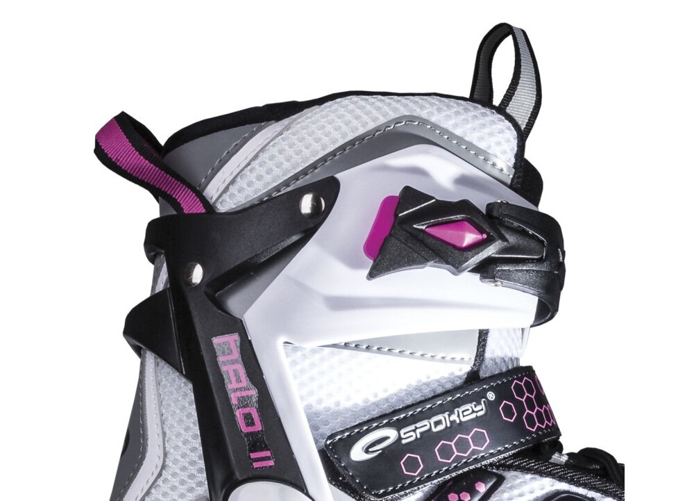 Łyżworolki SPOKEY Halo II (rozmiar 40) w rozmiarze 40 w szaro-różowym kolorze dwusekcyjna klamra sznurowadła pasek na rzep skorupa obudowy z materiałów PU