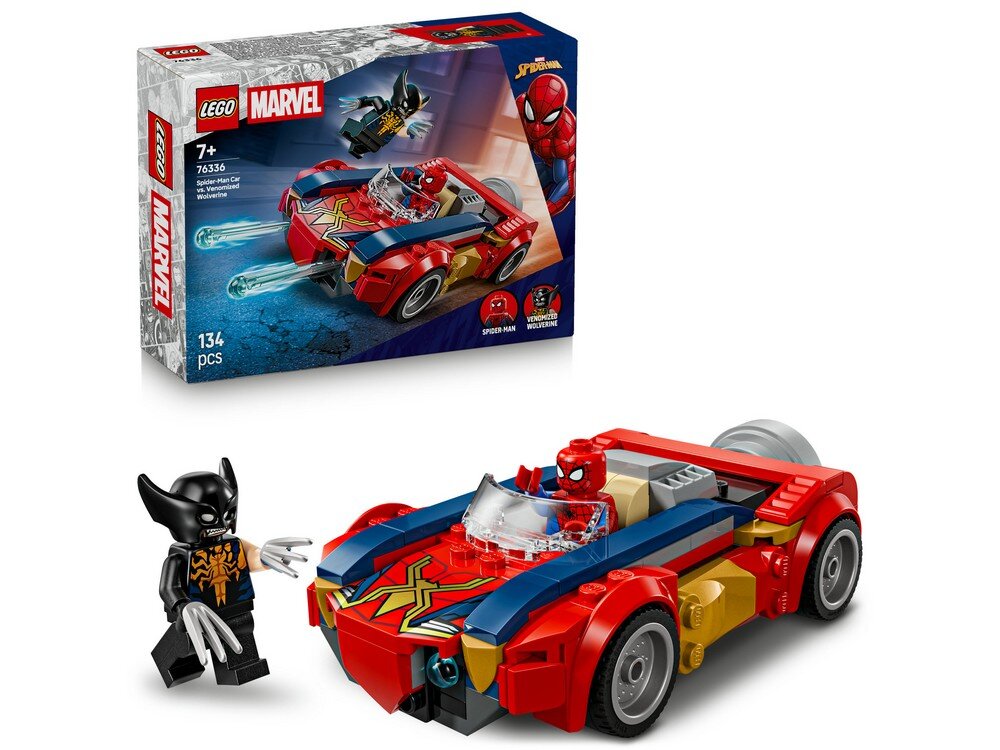 Zestaw LEGO Marvel przedstawia Spider-Mana w czerwono-niebieskim samochodzie oraz figurkę zvenomowanego Wolverine\'a. Opakowanie zawiera logo LEGO i Marvel oraz informację o liczbie elementów: 134 pcs.