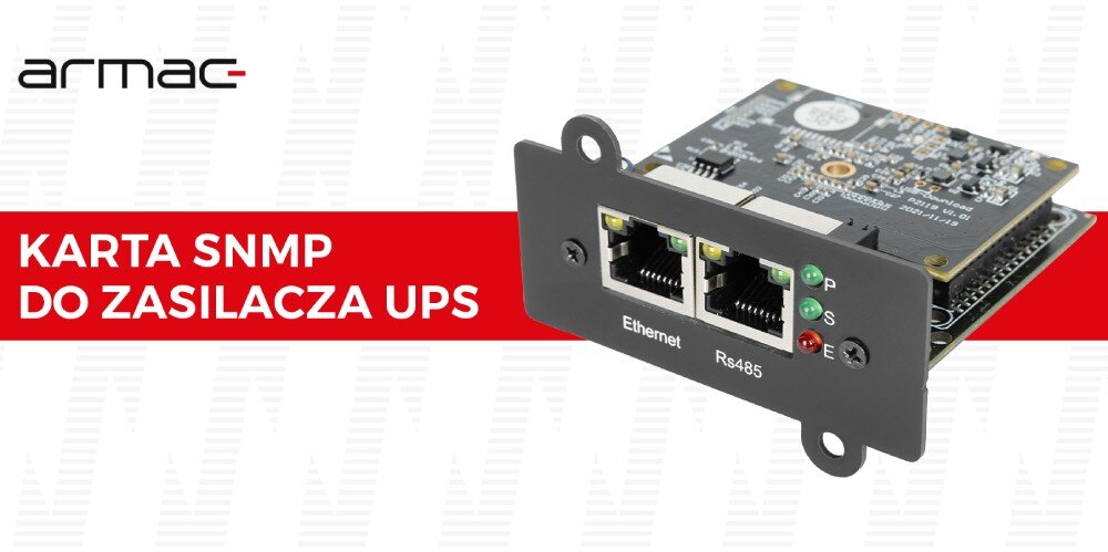 Moduł SNMP do UPS ARMAC SNMP/A/001 Zdjęcie produktowe elektronicznej płytki drukowanej modułu z czarnym panelem czołowym i portami, obok której widnieje logo marki oraz czerwony pasek z napisem 'KARTA SNMP DO ZASILACZA UPS', opis