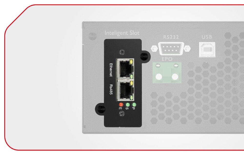 Moduł SNMP do UPS ARMAC SNMP/A/001 Tylny panel zasilacza awaryjnego z widocznym gniazdem 'Inteligent Slot', w którym zamontowano czarny moduł komunikacyjny wyposażony w dwa porty RJ45 opisane jako 'Ethernet' i 'Rs485' oraz trzy diody sygnalizacyjne, działanie, zastosowanie, funkcje