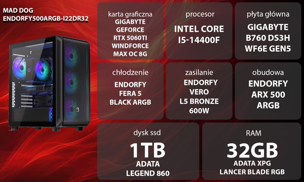 Komputer MAD DOG ENDORFY500ARGB-I22DR32 Grafika przedstawiająca specyfikację komputera, z podziałem na podzespoły. W lewej części znajduje się model komputera, a obok niego informacje o podzespołach, opis