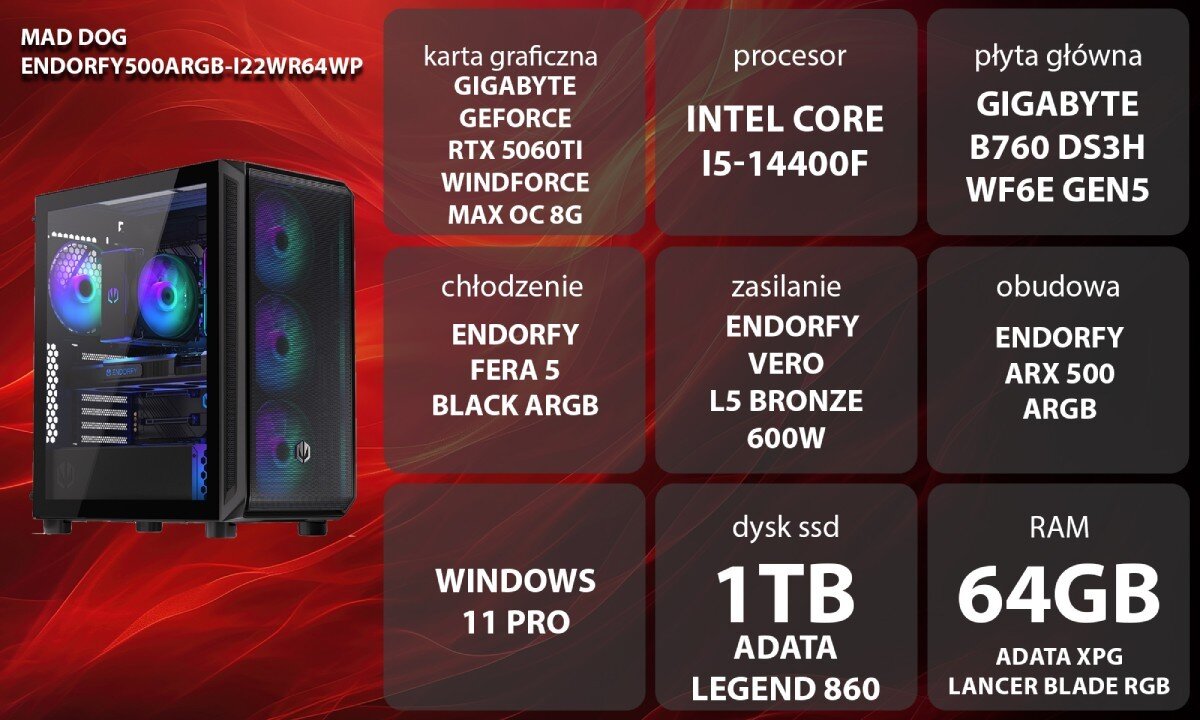 Komputer MAD DOG ENDORFY500ARGB-I22WR64WP Grafika przedstawiająca specyfikację komputera, z podziałem na podzespoły. W lewej części znajduje się model komputera, a obok niego informacje o podzespołach, opis