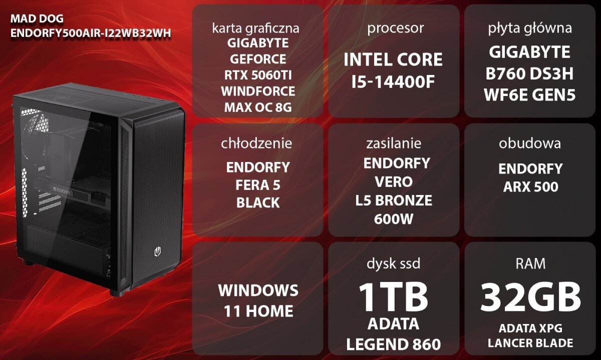 Komputer MAD DOG ENDORFY500AIR-I22WB32WH Grafika przedstawiająca specyfikację komputera, z podziałem na podzespoły. W lewej części znajduje się model komputera, a obok niego informacje o podzespołach, opis