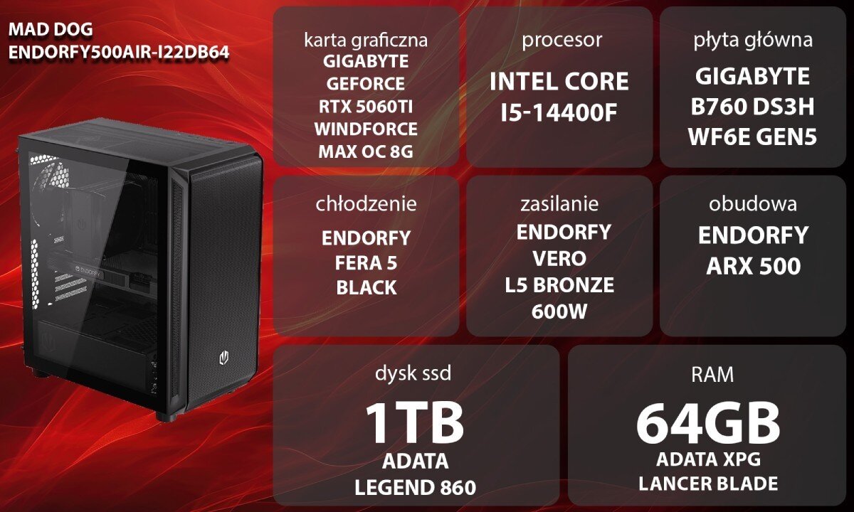 Komputer MAD DOG ENDORFY500AIR-I22DB64 Grafika przedstawiająca specyfikację komputera, z podziałem na podzespoły. W lewej części znajduje się model komputera, a obok niego informacje o podzespołach, opis