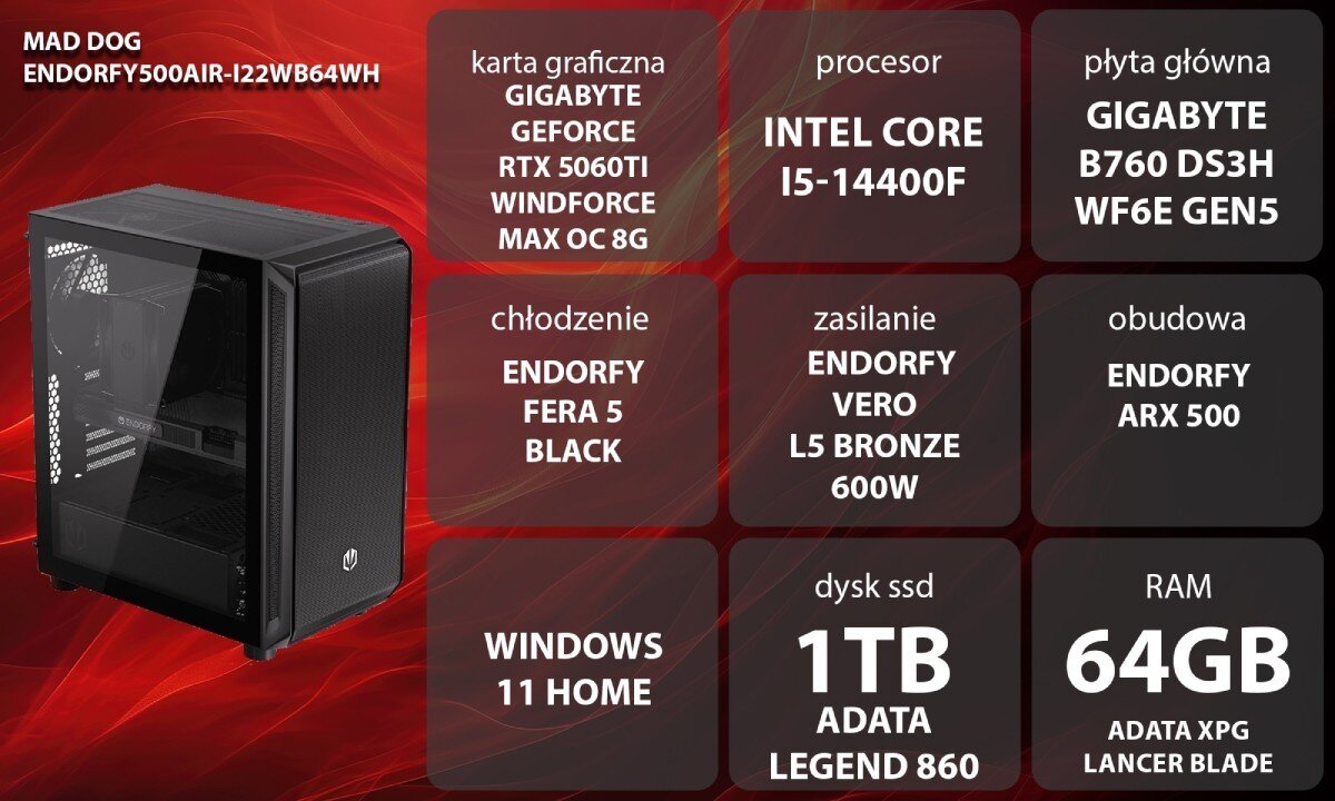 Komputer MAD DOG ENDORFY500AIR-I22WB64WH Grafika przedstawiająca specyfikację komputera, z podziałem na podzespoły. W lewej części znajduje się model komputera, a obok niego informacje o podzespołach, opis