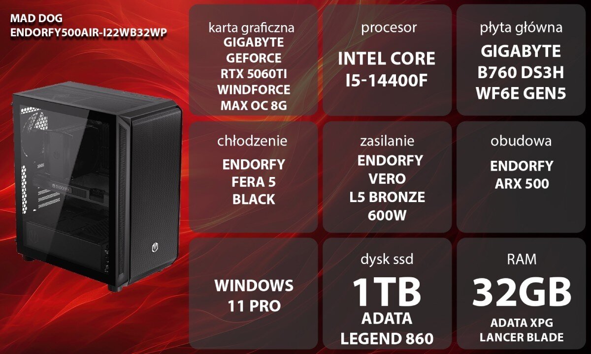 Komputer MAD DOG ENDORFY500AIR-I22WB32WP Grafika przedstawiająca specyfikację komputera, z podziałem na podzespoły. W lewej części znajduje się model komputera, a obok niego informacje o podzespołach, opis