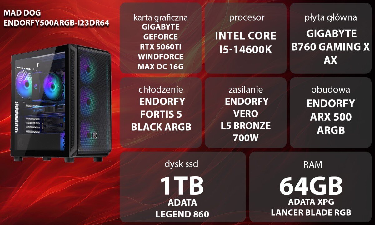 Komputer MAD DOG ENDORFY500ARGB-I23DR64 Grafika przedstawiająca specyfikację komputera, z podziałem na podzespoły. W lewej części znajduje się model komputera, a obok niego informacje o podzespołach, opis