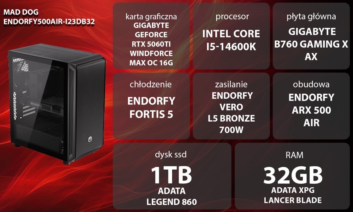 Komputer MAD DOG ENDORFY500AIR-I23DB32 Grafika przedstawiająca specyfikację komputera, z podziałem na podzespoły. W lewej części znajduje się model komputera, a obok niego informacje o podzespołach, opis