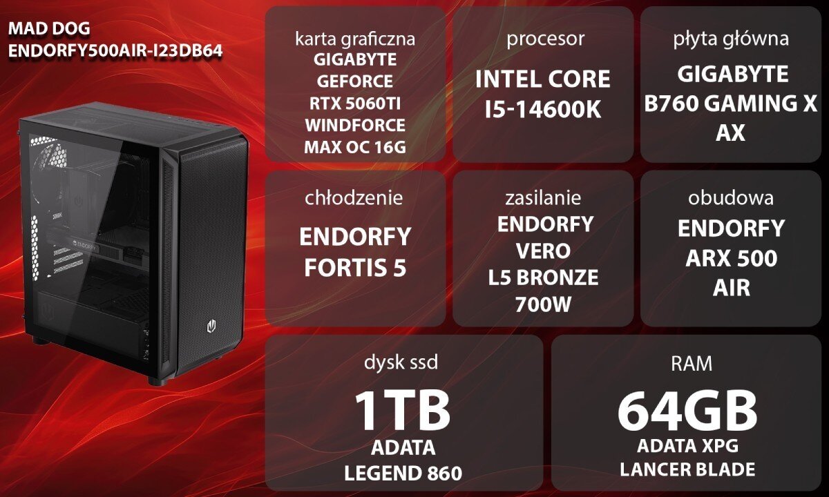 Komputer MAD DOG ENDORFY500AIR-I23DB64 Grafika przedstawiająca specyfikację komputera, z podziałem na podzespoły. W lewej części znajduje się model komputera, a obok niego informacje o podzespołach, opis