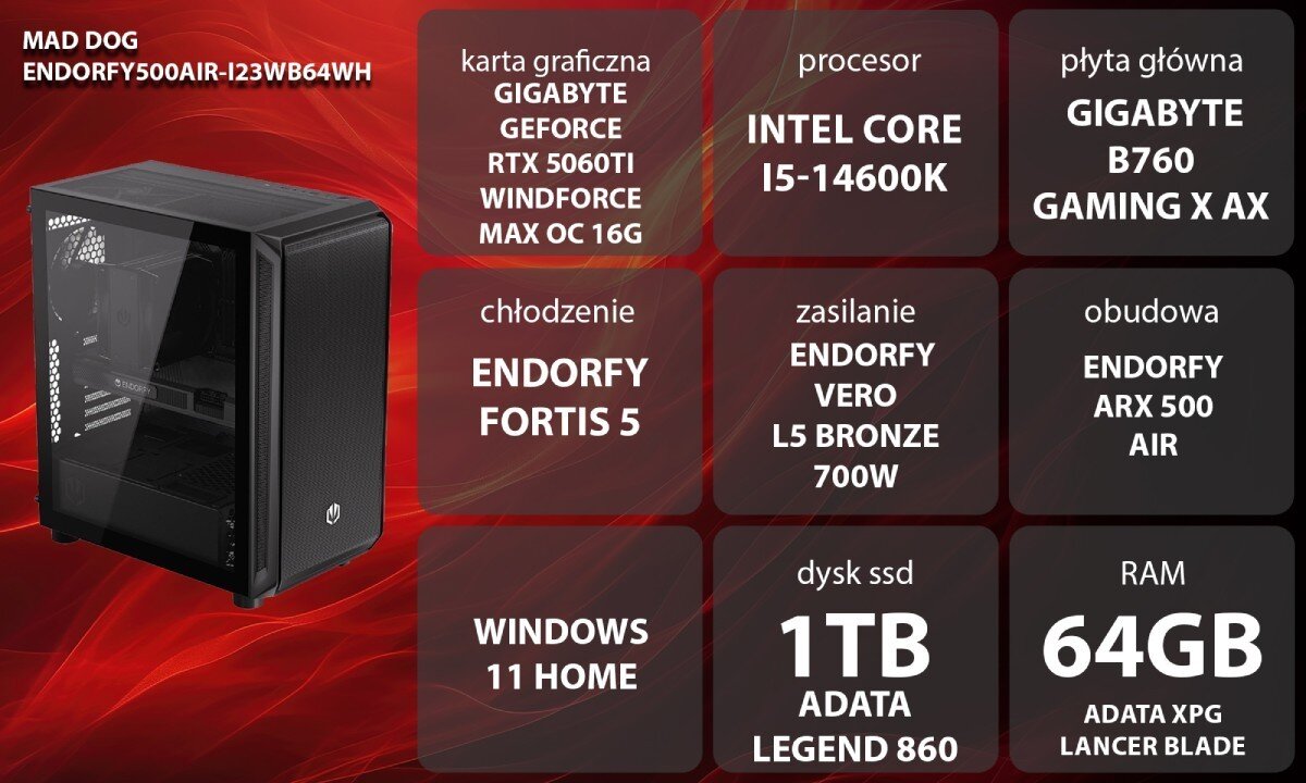 Komputer MAD DOG ENDORFY500AIR-I23WB64WH Grafika przedstawiająca specyfikację komputera, z podziałem na podzespoły. W lewej części znajduje się model komputera, a obok niego informacje o podzespołach, opis