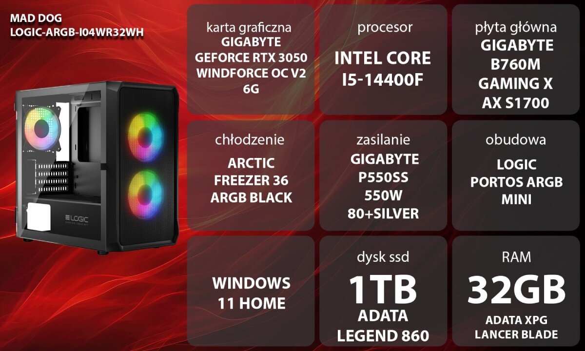 Komputer MAD DOG LOGIC-ARGB-I04WR32WH Grafika przedstawiająca specyfikację komputera, z podziałem na podzespoły. W lewej części znajduje się model komputera, a obok niego informacje o podzespołach, opis