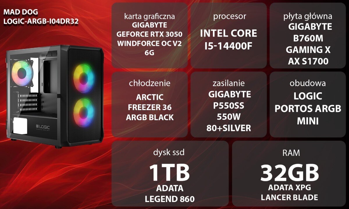 Komputer MAD DOG LOGIC-ARGB-I04DR32 Grafika przedstawiająca specyfikację komputera, z podziałem na podzespoły. W lewej części znajduje się model komputera, a obok niego informacje o podzespołach, opis