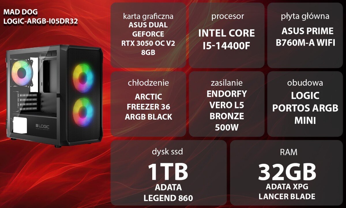 Komputer MAD DOG LOGIC-ARGB-I05DR32 Grafika przedstawiająca specyfikację komputera, z podziałem na podzespoły. W lewej części znajduje się model komputera, a obok niego informacje o podzespołach, opis