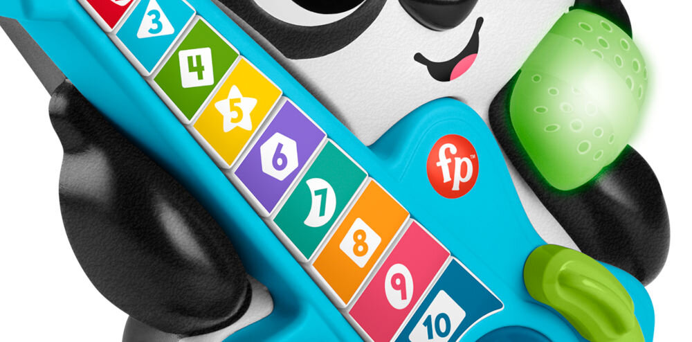 Zabawka interaktywna FISHER PRICE Link Squad Panda Liczenie i kształty HYL36 10 kolorowych przycisków na gitarze mozliwość naciskania różne dźwięki piosenki migoczące światełka przesuwanie kostki-klikacza obracanie kuleczki aktywacja zabawnych odgłosów mikrofon podświetla się w rytm muzyki angażowanie malucha rozwijanie poczucia rytmu