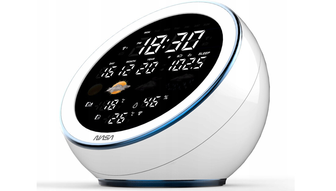 Stacja pogody NASA WSP1500 Biala Bluetooth radio funkcja budzika wyswietlacz LCD