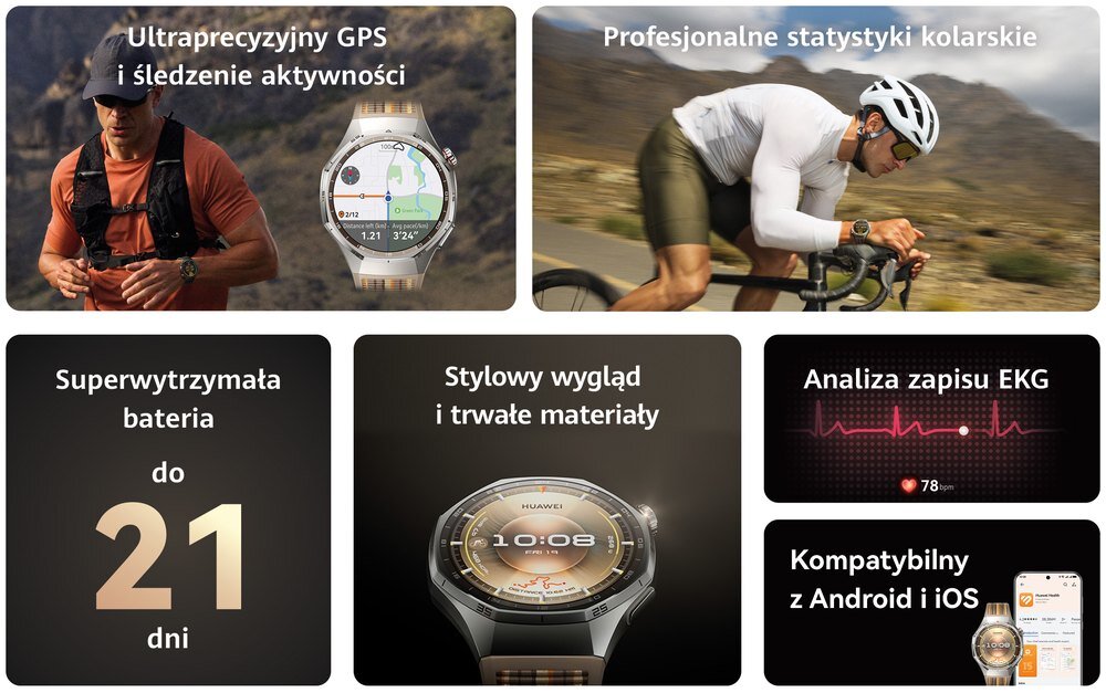 Obraz przedstawia różne funkcje i cechy smartwatcha, takie jak ultradokładny GPS, profesjonalne statystyki kolarskie, superwytrzymała bateria do 21 dni, stylowy wygląd i trwałe materiały, analiza zapisu EKG oraz kompatybilność z Android i iOS. Widoczne są również osoby uprawiające sport oraz zegarek z wyświetlaczem pokazującym godzinę 10:08.