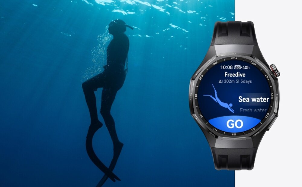 Obraz przedstawia osobę nurkującą w głębokiej wodzie oraz smartwatch z wyświetlaczem pokazującym tryb \'Freedive\' i przyciskiem \'GO\'.