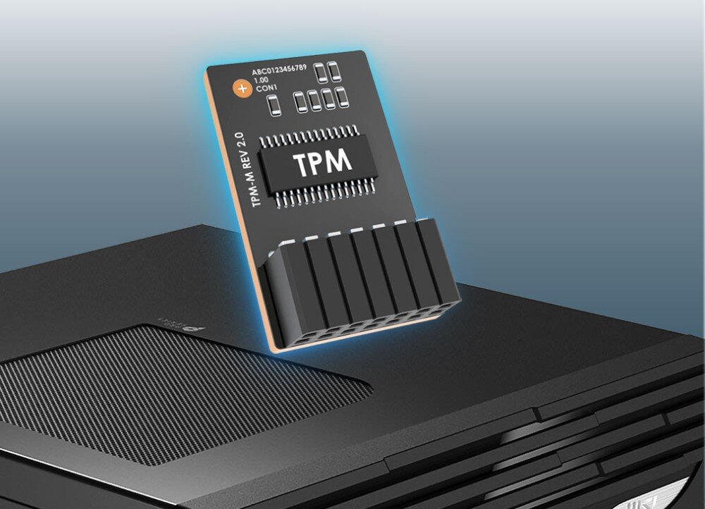 Komputer MSI Pro DP21 14M-889EU Ilustracja przedstawiająca czarny moduł TPM na płytce drukowanej z podpisem 'TPM-M REV 2.0', unoszący się nad obudową komputera, moduł TPM, blokada Kensington