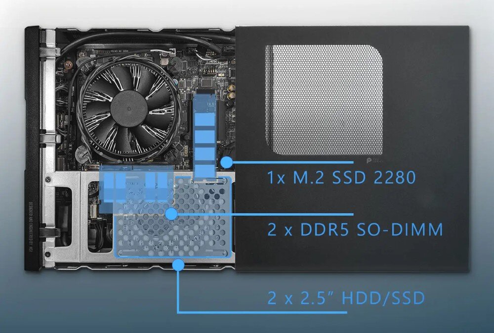 Komputer MSI Pro DP21 14M-889EU Widok z góry na otwartą obudowę komputera z widocznym wentylatorem procesora oraz zaznaczonymi na niebiesko miejscami na komponenty, rozbudowa, miejsce na dyski