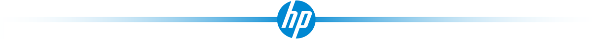 Logo HP na białym tle z niebieskimi liniami po bokach.
