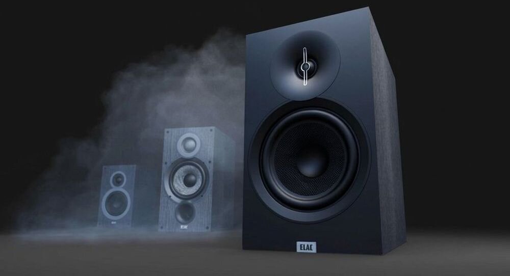 ELAC Debut 3.0 B5.3 kolumna głośnikowa hi-fi design elegancki wygląd wysoka jakość dźwięku, kolumny stojące na podłodze w ciemnym pomieszczeniu