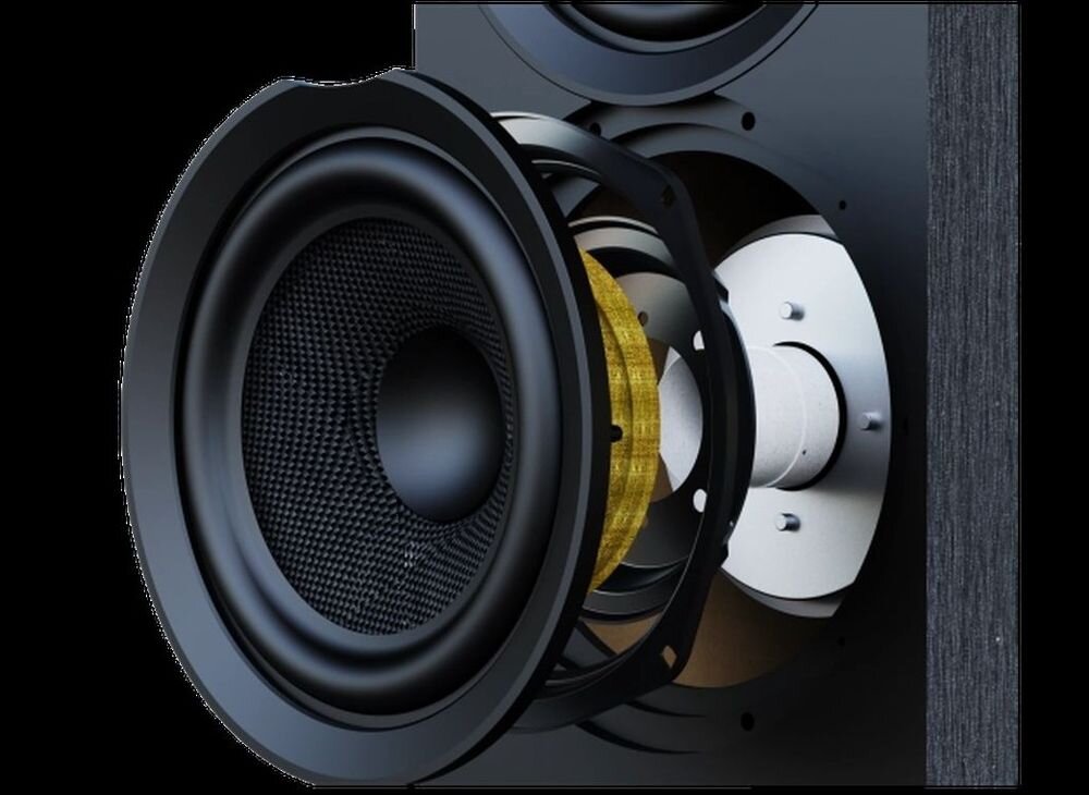 ELAC Debut 3.0 B5.3 kolumna głośnikowa woofer aramidowy mocny bas precyzyjne niskie tony, budowa głośnika na czarnym tle