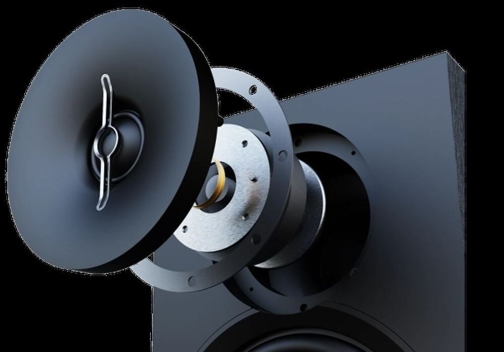 ELAC Debut 3.0 B5.3 kolumna głośnikowa tweeter aluminiowy wysokie tony szczegółowość dźwięku, budowa głośnika na czarnym tle