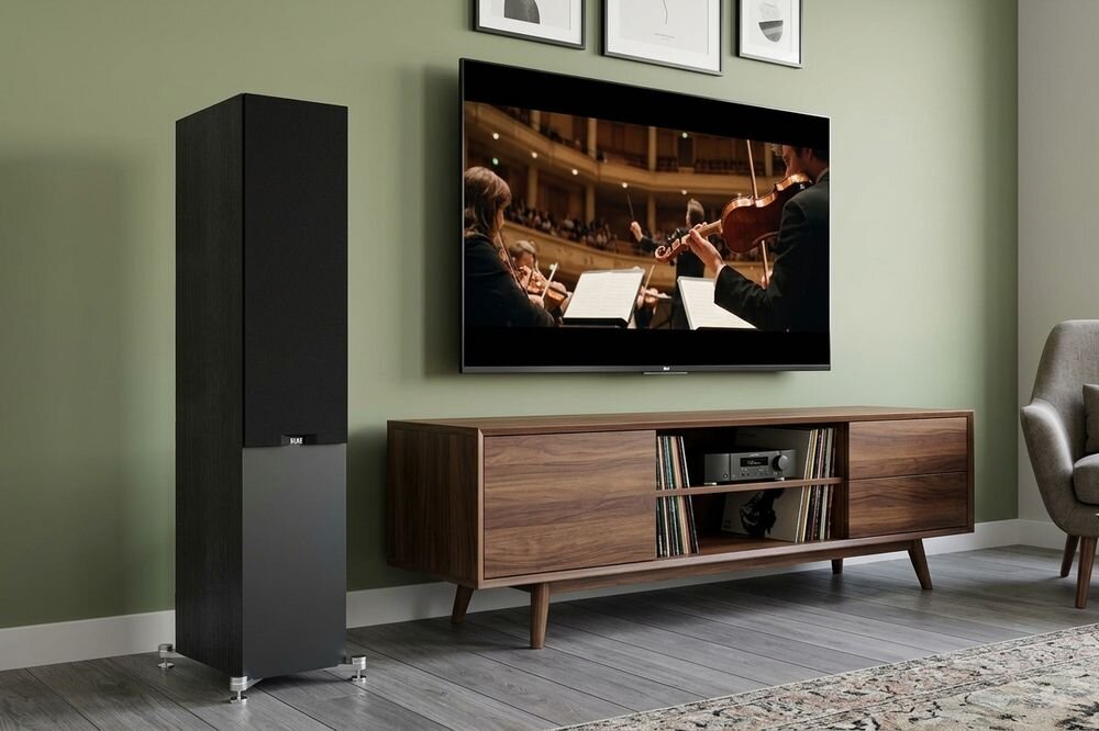 W salonie znajduje się kolumna głośnikowa w kolorze ciemnym oraz telewizor wyświetlający koncert orkiestry. Obok stoi drewniana szafka z książkami i sprzętem audio.