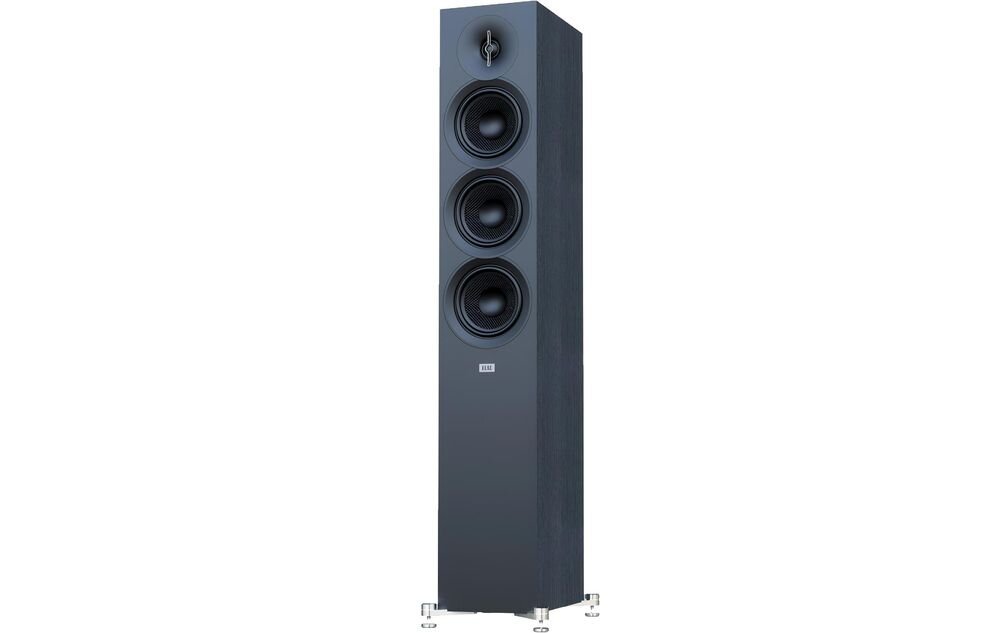 ELAC Debut 3.0 F5.3 kolumna głośnikowa woofer aramidowy średnie tony naturalne brzmienie, kolumna po skosie na białym tle