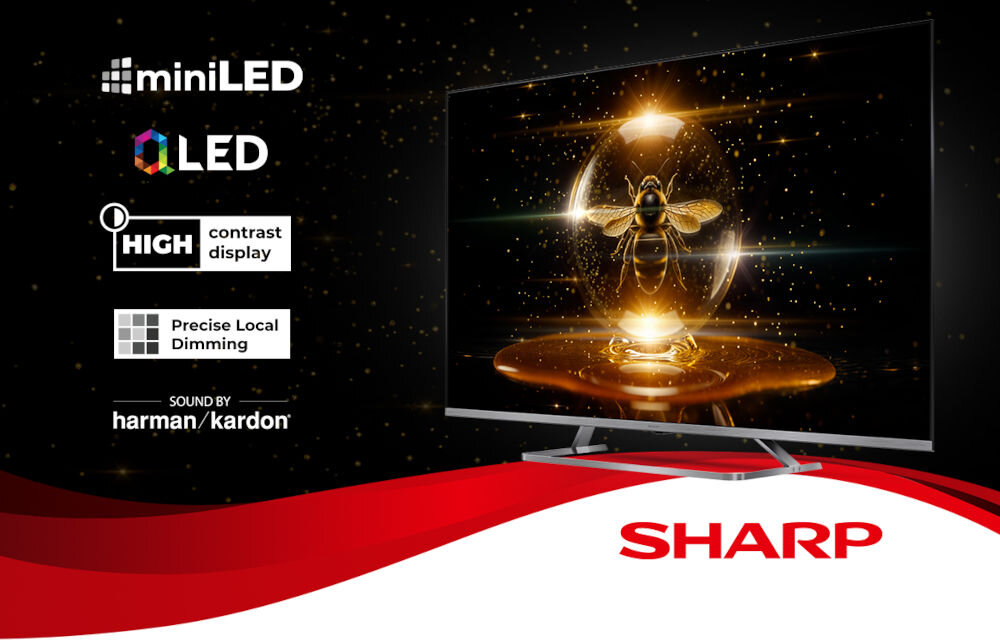 Telewizor SHARP 50JP7765E MiniLED QLED 75 cali wysoka jakość obrazu domowa rozrywka, telewizor po skosie na czarnym tle
