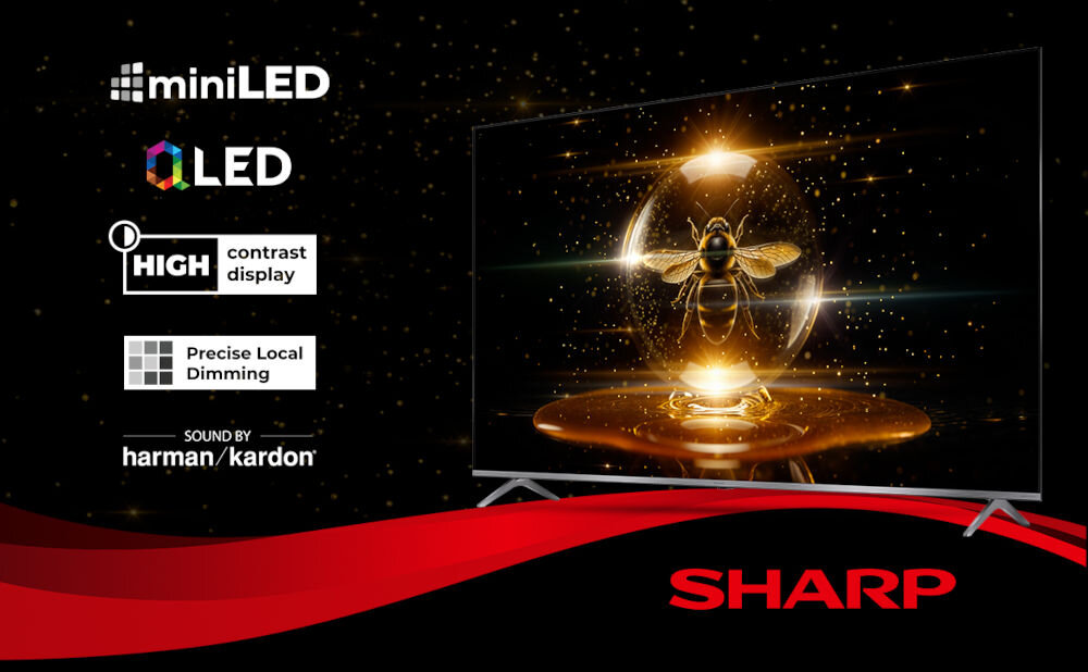 Telewizor SHARP 55JP7765E MiniLED QLED 75 cali wysoka jakość obrazu domowa rozrywka, telewizor po skosie na czarnym tle