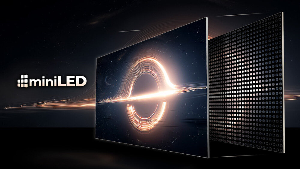 Telewizor SHARP 55JP7765E MiniLED lokalne przyciemnianie kontrast jasność HDR, rozwarstwiona matryca po skosie na czarnym tle