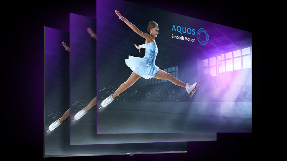 Telewizor SHARP 55JP7765E AQUOS Smooth Motion płynny obraz sport gry, trzy ekrany po skosie wyświetlające łyżwiarstwo figurowe