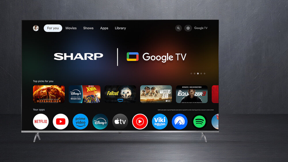 Telewizor SHARP 55JP7765E Google TV aplikacje streamingowe smart TV, telewizor od frontu na szarym podłożu