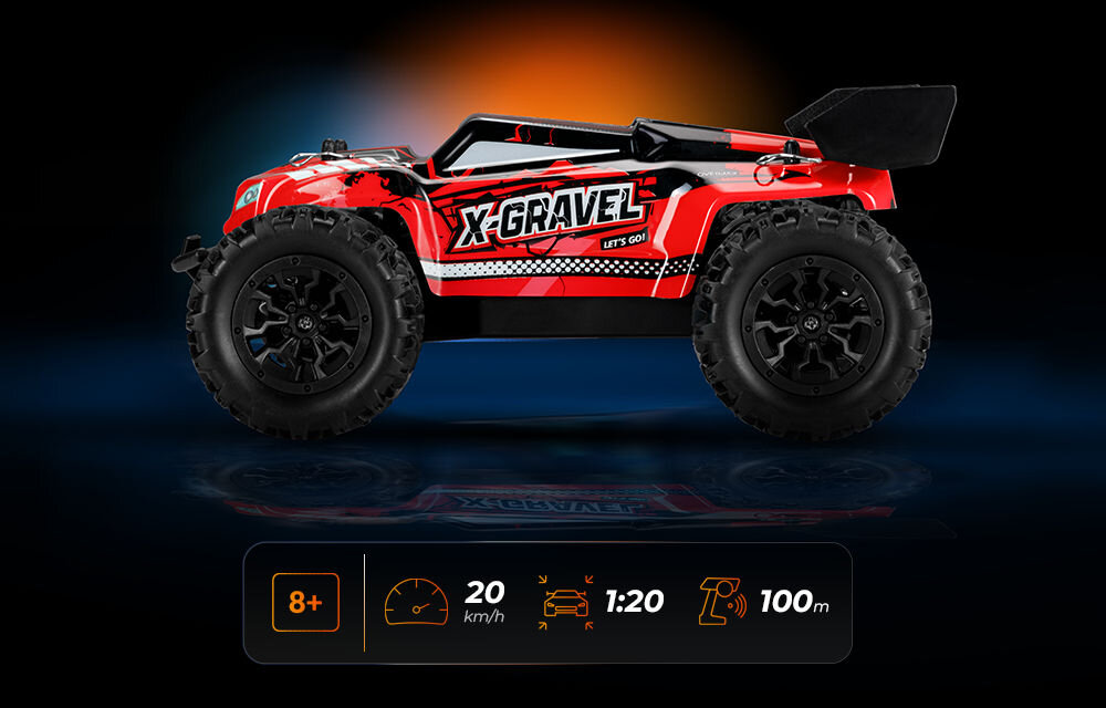 Samochód zdalnie sterowany OVERMAX X-Gravel Widok boczny czerwonego samochodu zdalnie sterowanego na czarnym, odbijającym światło tle. U dołu pasek informacyjny: wiek 8+, prędkość 20 km/h, skala 1:20, zasięg 100 m.