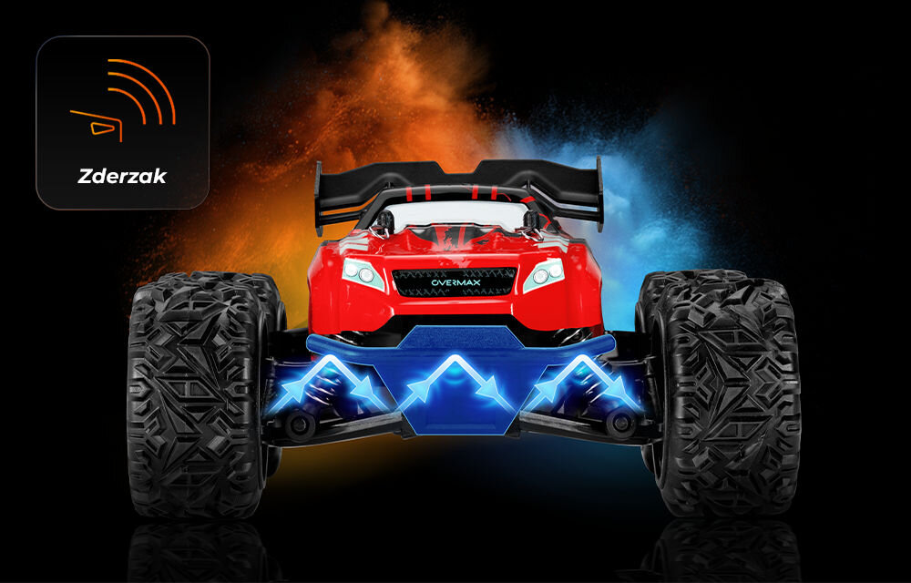 Samochód zdalnie sterowany OVERMAX X-Gravel Przedni widok czerwonego samochodu. Wyeksponowany jest niebieski przedni zderzak, który amortyzuje uderzenia. W lewym górnym rogu ikona informuje o zderzaku (Zderzak).