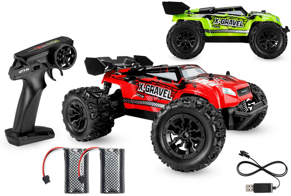 Samochód zdalnie sterowany OVERMAX X-Gravel Cały zestaw zdalnie sterowanego samochodu OVERMAX X-GRAVEL. Obejmuje on główny model w kolorze czerwonym, dodatkową obudowę w kolorze limonkowym, czarny pilot zdalnego sterowania, dwa akumulatory oraz kabel USB do ładowania.