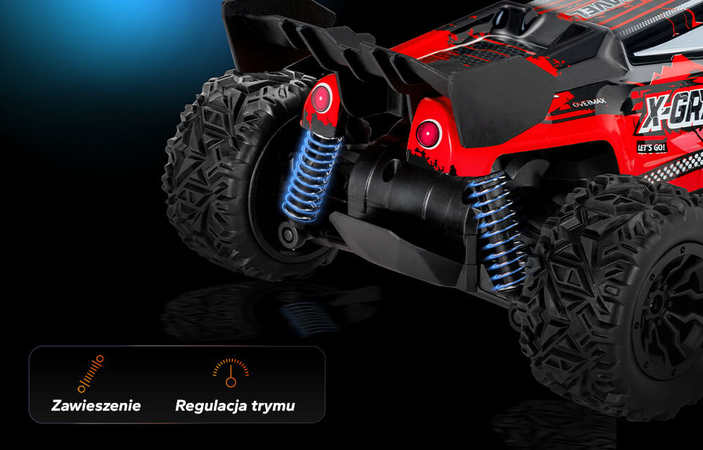Samochód zdalnie sterowany OVERMAX X-Gravel Zbliżenie na tylne koła i sprężynowe zawieszenie (amortyzatory) modelu X-GRAVEL, podświetlone na niebiesko. Na dole panel z ikonami informującymi o regulowanym zawieszeniu i regulacji trymu (trim).