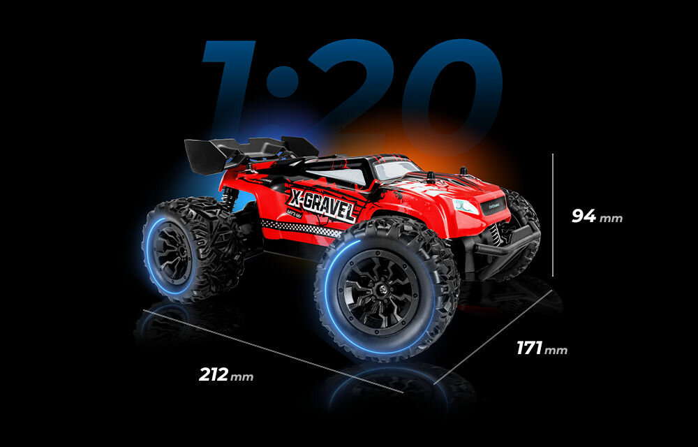 Samochód zdalnie sterowany OVERMAX X-Gravel Czerwony model samochodu OVERMAX X-GRAVEL w skali 1:20. Podane są jego wymiary: długość 212 mm, szerokość 171 mm i wysokość 94 mm. Samochód ma duże, terenowe koła.