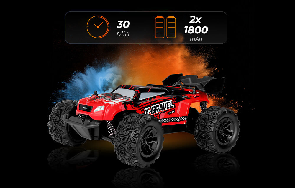 Samochód zdalnie sterowany OVERMAX X-Gravel Widok boczny czerwonego samochodu X-GRAVEL. U góry panel informuje o czasie zabawy: 30 minut oraz o zestawie 2 akumulatorów 1800 mAh. W tle efekty cząsteczkowe w kolorach niebieskim i pomarańczowym.