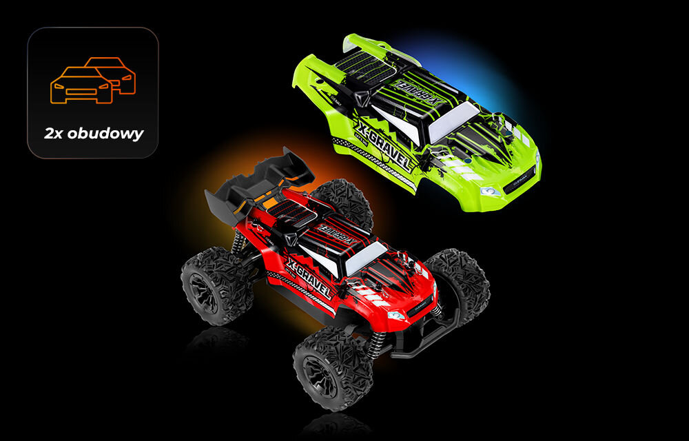 Samochód zdalnie sterowany OVERMAX X-Gravel Widok na dwa wymienne korpusy (obudowy) modelu X-GRAVEL: jeden czerwony, zamontowany na podwoziu, a drugi w jaskrawym, limonkowym kolorze. Obok ikona informuje o 2x obudowy.