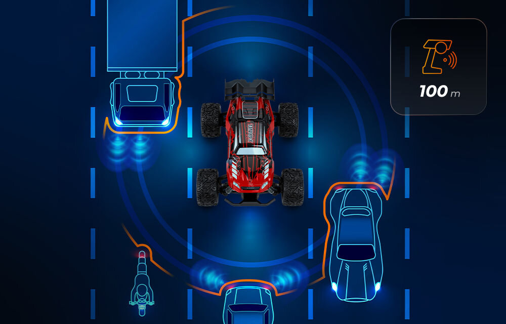 Samochód zdalnie sterowany OVERMAX X-Gravel Czerwony samochód zdalnie sterowany z góry, symulujący scenę drogową. Wokół niego widać schematyczne zarysy innych pojazdów (ciężarówka, motocykl, samochody), otoczone okręgami zasięgu. W prawym górnym rogu ikona pilota z zasięgiem 100 metrów.