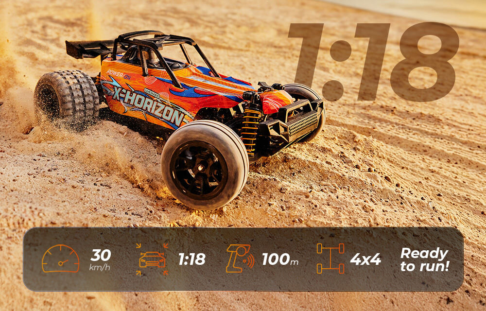 Samochód zdalnie sterowany OVERMAX X-Horizon Pomarańczowo-niebieski samochód terenowy X-HORIZON w skali 1:18, w ruchu na piaszczystym terenie. U dołu pasek informacyjny: prędkość 30 km/h, skala 1:18, zasięg 100 m, napęd 4x4, gotowy do jazdy (Ready to run).